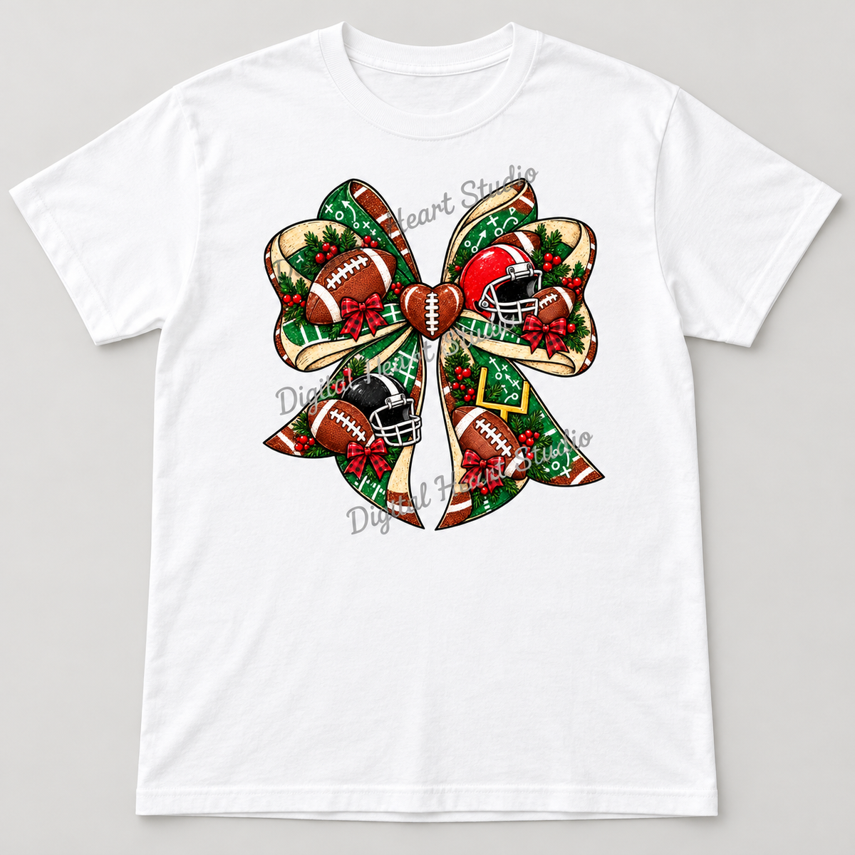 Christmas Football Bow white shirt, small centered design and faded watermark