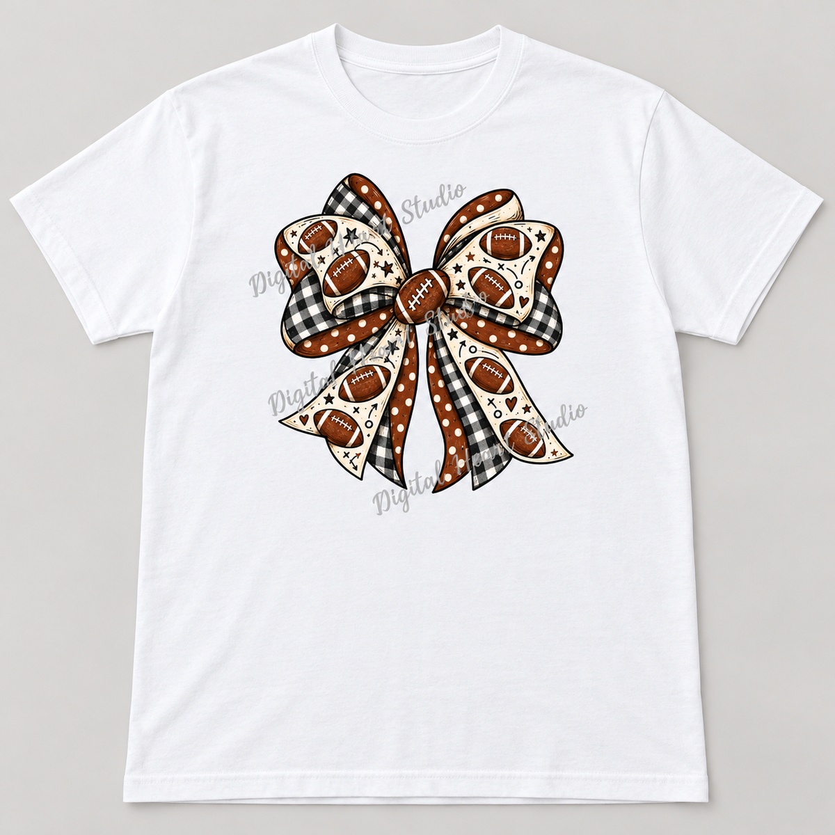 Football Bow – Gingham and Polka Dots white shirt, small centered design and faded watermark