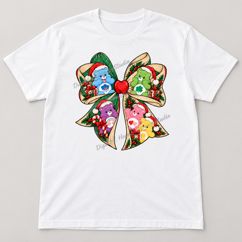 Christmas Bears Bow white shirt, small centered design and faded watermark