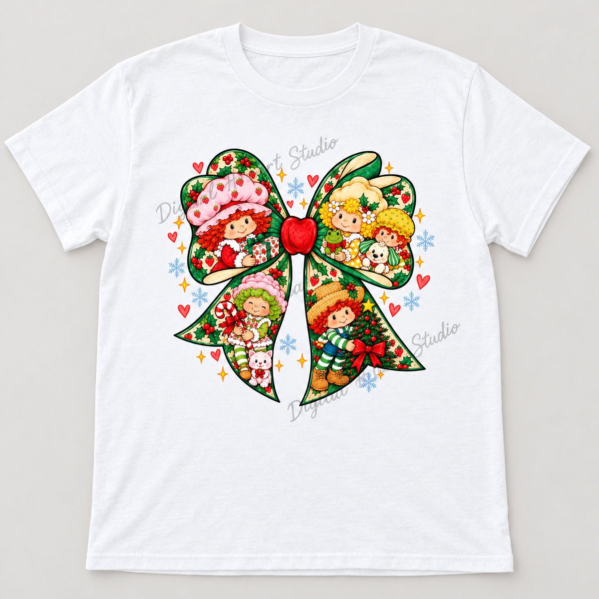 Strawberry Friends Christmas Bow white shirt, small centered design and faded watermark