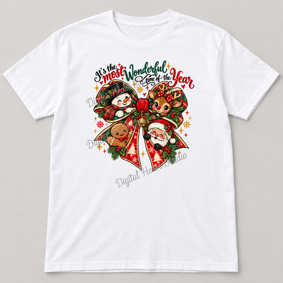 Most Wonderful Time of the Year – Plaid Bow white shirt, small centered design and faded watermark