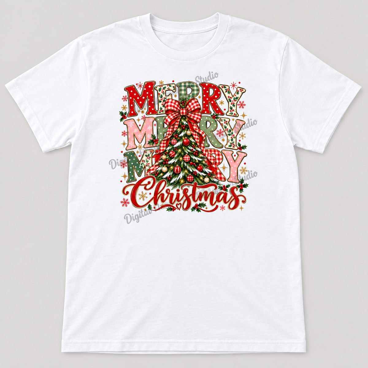 Merry Merry Merry Christmas small centered print, faded watermark preview