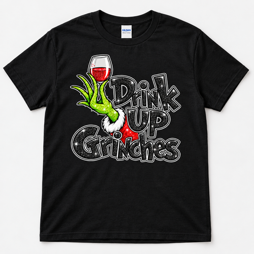 Black Gildan Drink Up Grinches shirt with printed glitter effect