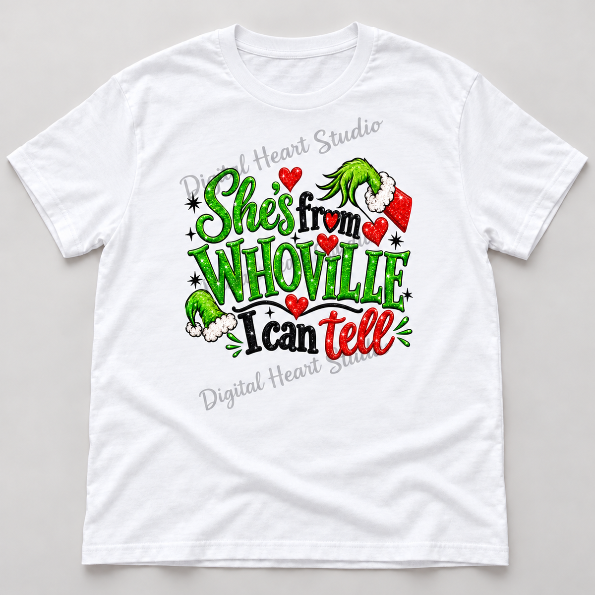 She's from Whoville I Can Tell White Gildan T-Shirt smaller centered print with faded watermark