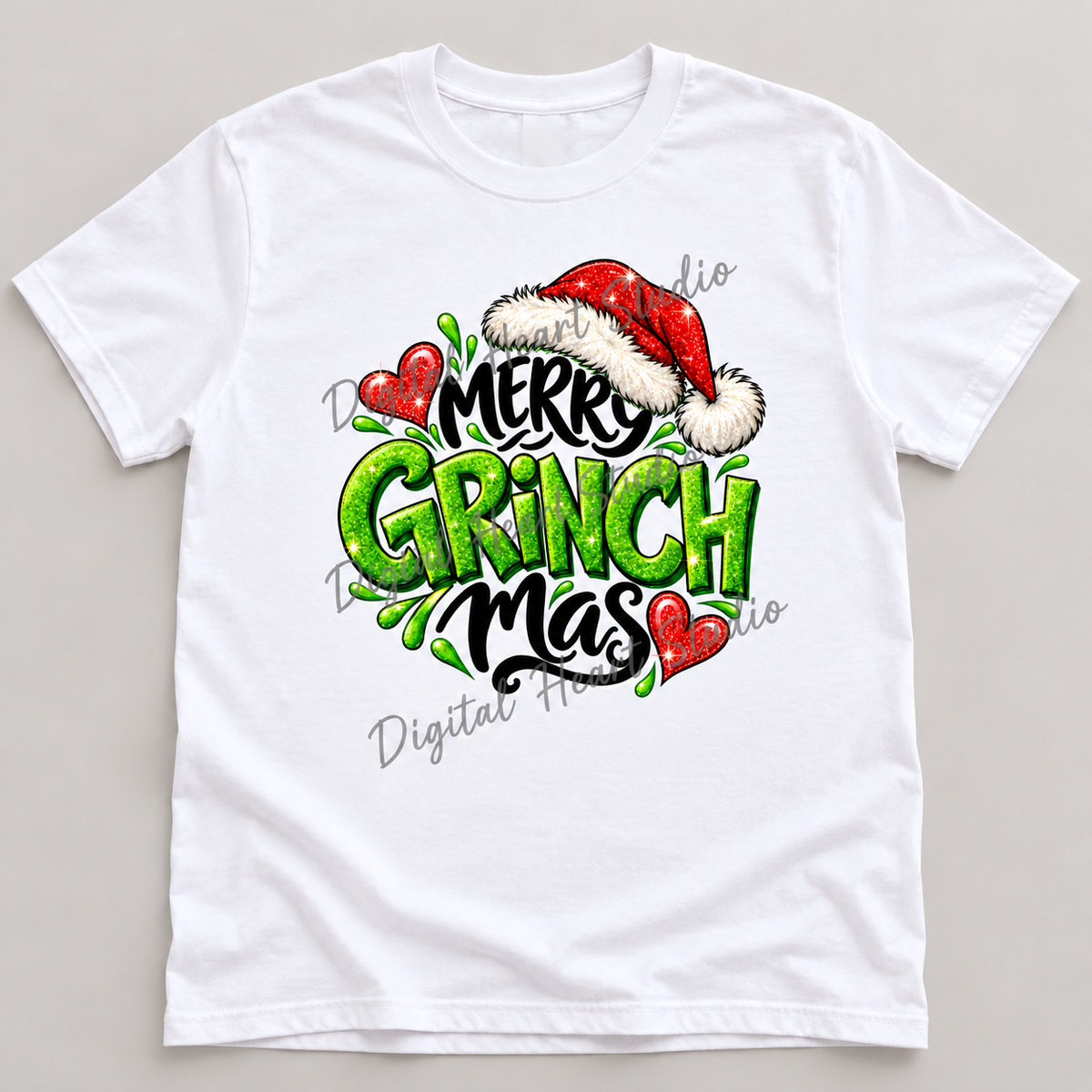 Merry Grinchmas White Gildan T-Shirt smaller centered print with faded watermark