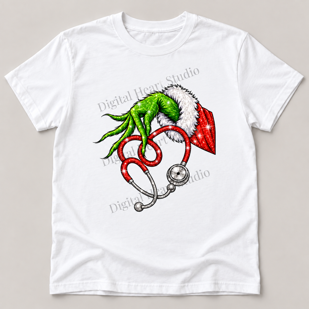 Christmas Stethoscope White Gildan T-Shirt smaller centered print with faded watermark
