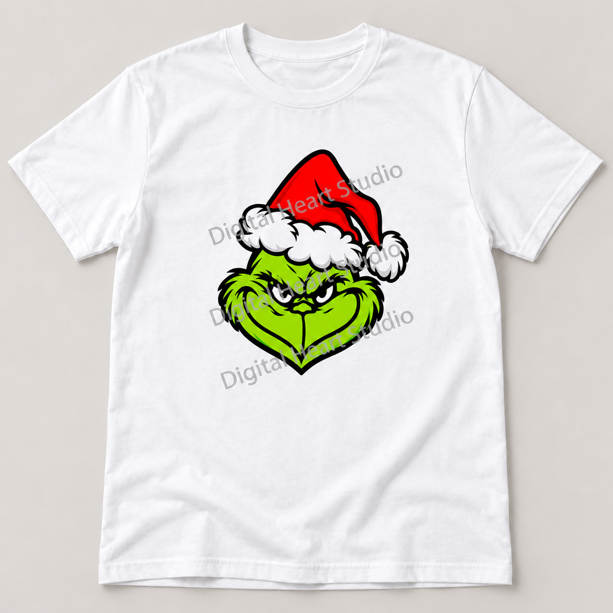 Grinch Santa Face White Gildan T-Shirt smaller centered print with faded watermark