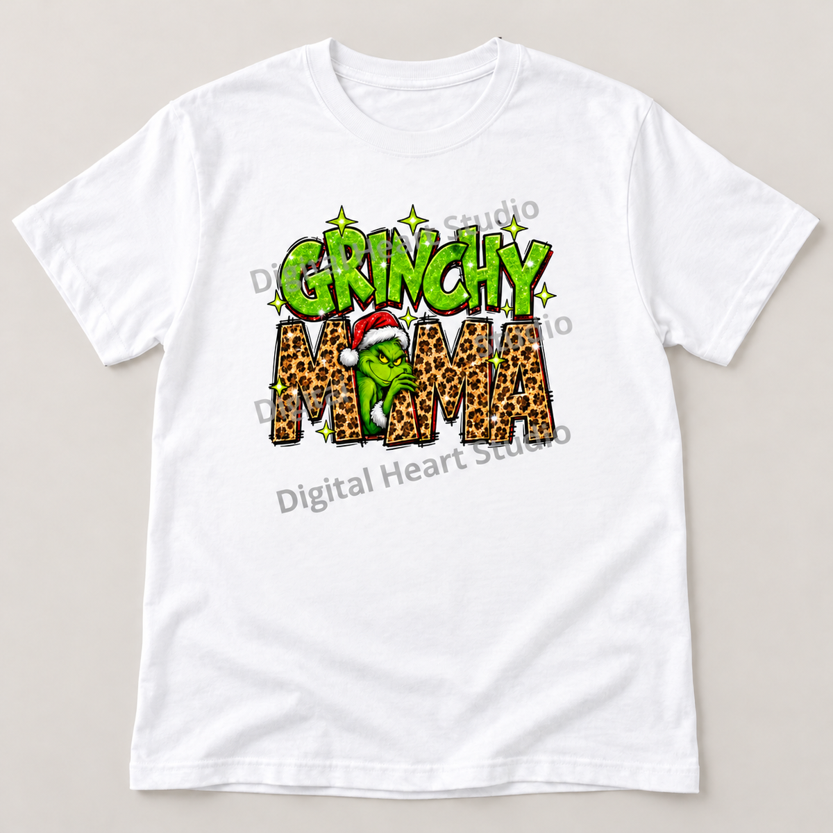 Grinchy Mama – Leopard Santa White Gildan T-Shirt smaller centered print with faded watermark