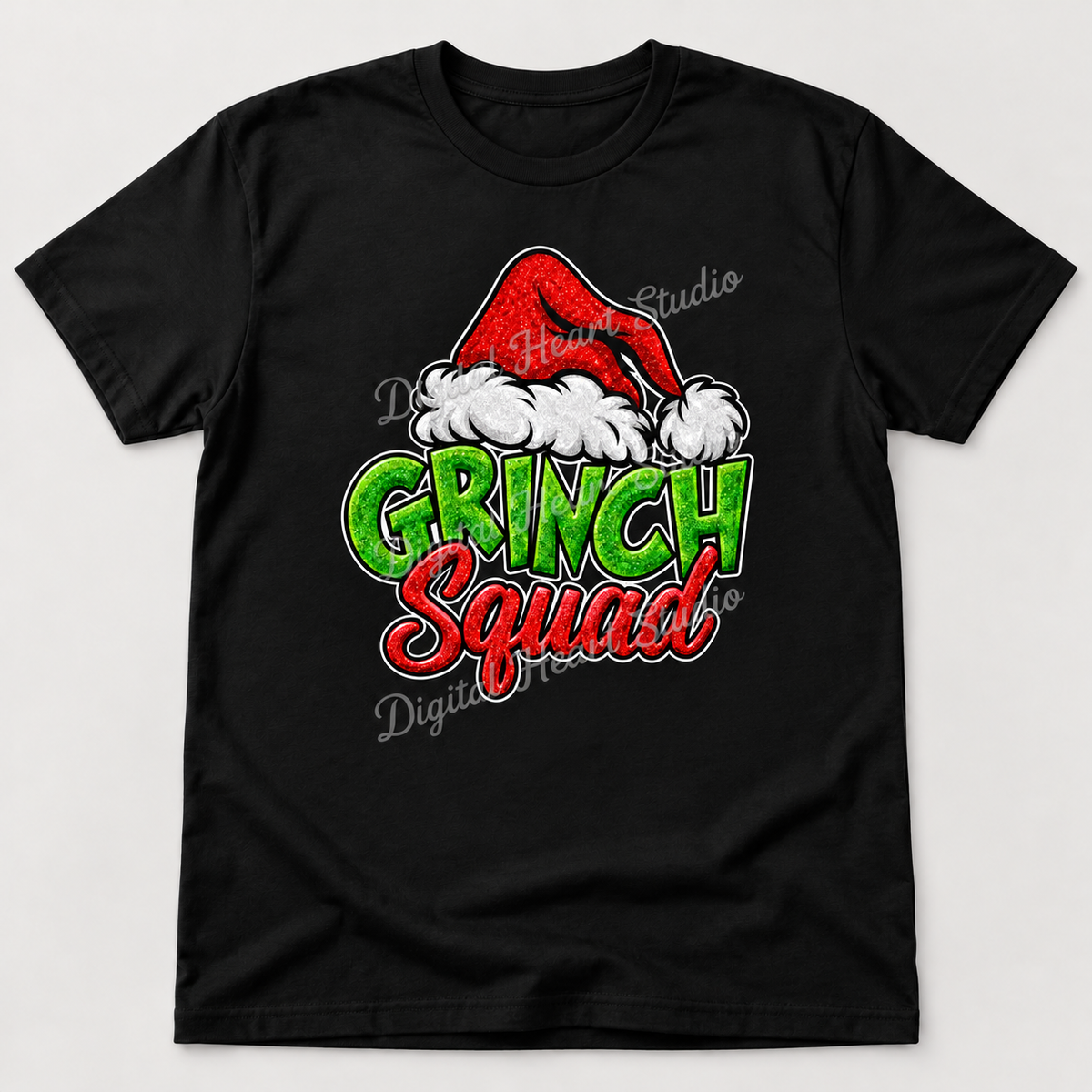 Grinch Squad – Glitter Effect Black Gildan T-Shirt smaller centered print with faded watermark