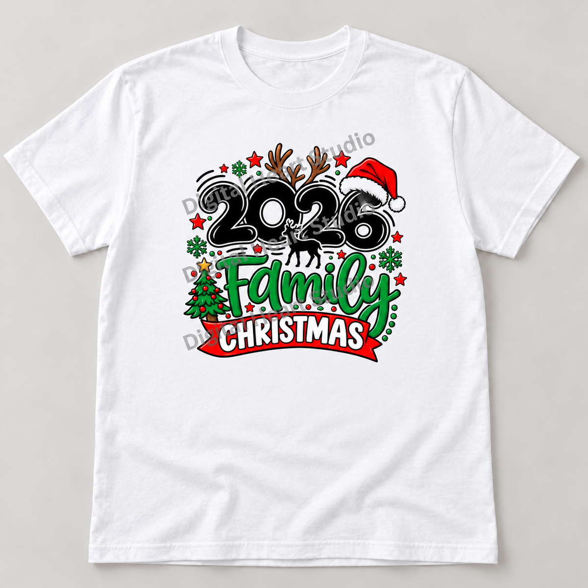 2026 Family Christmas White Gildan T-Shirt smaller centered print with faded watermark