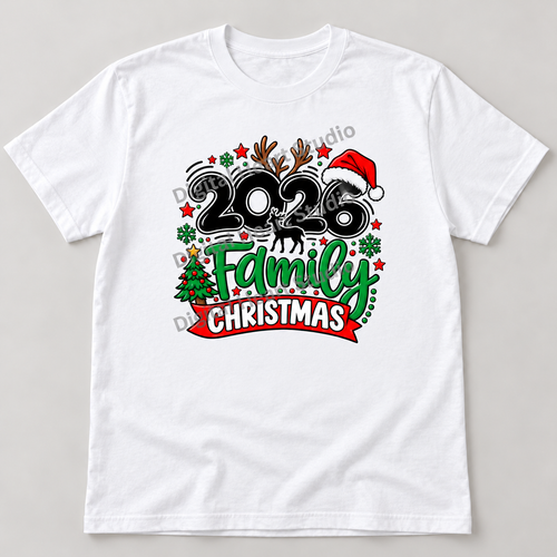 2026 Family Christmas White Gildan T-Shirt smaller centered print with faded watermark