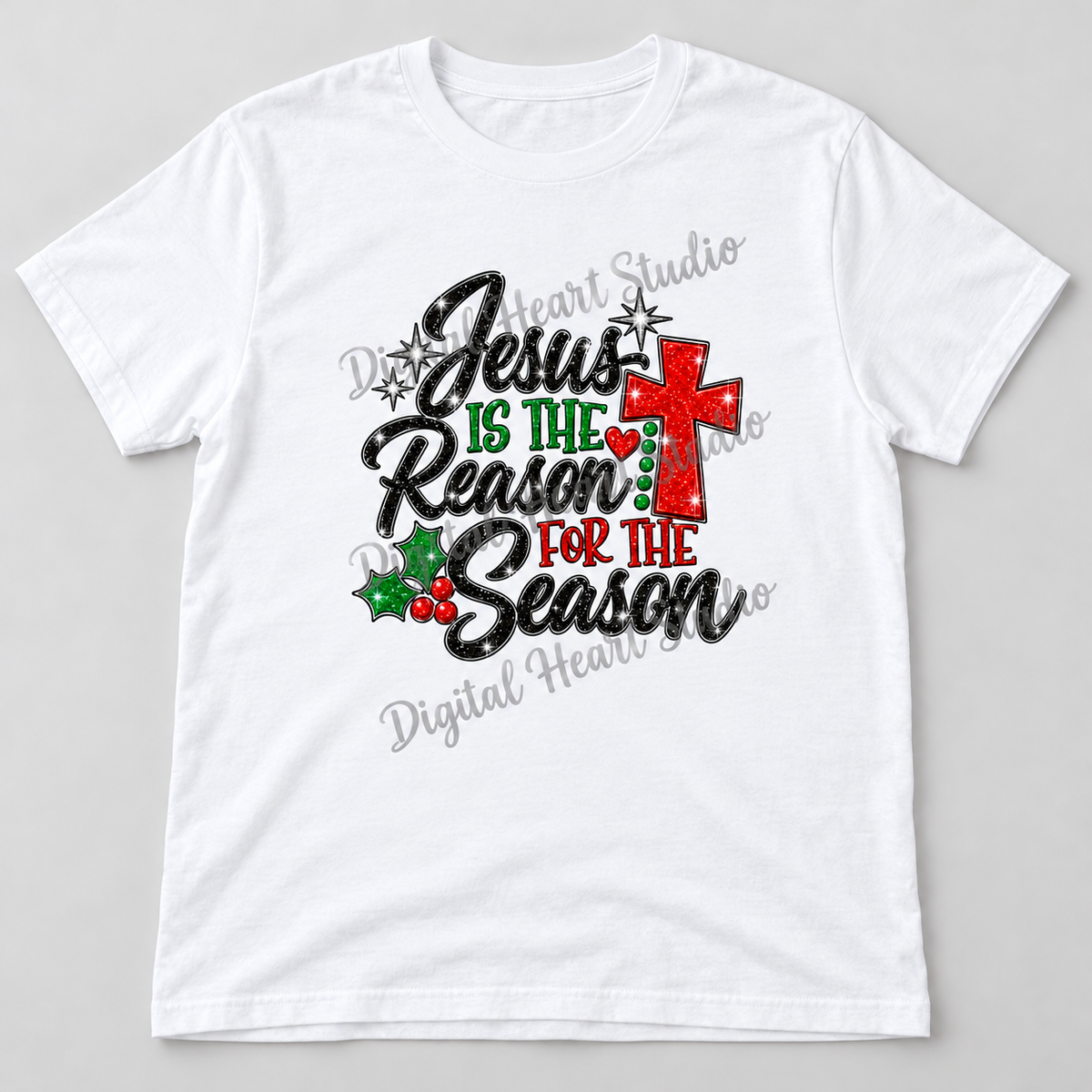 Jesus Is the Reason for the Season White Gildan T-Shirt smaller centered print with faded watermark