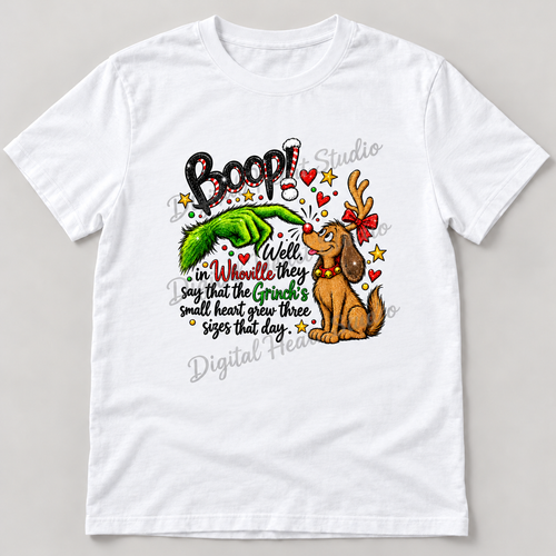 Boop! Whoville Christmas White Gildan T-Shirt smaller centered print with faded watermark