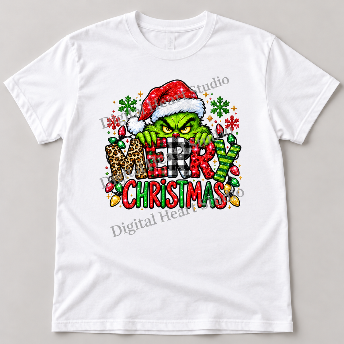 Merry Christmas – Plaid and Leopard White Gildan T-Shirt smaller centered print with faded watermark