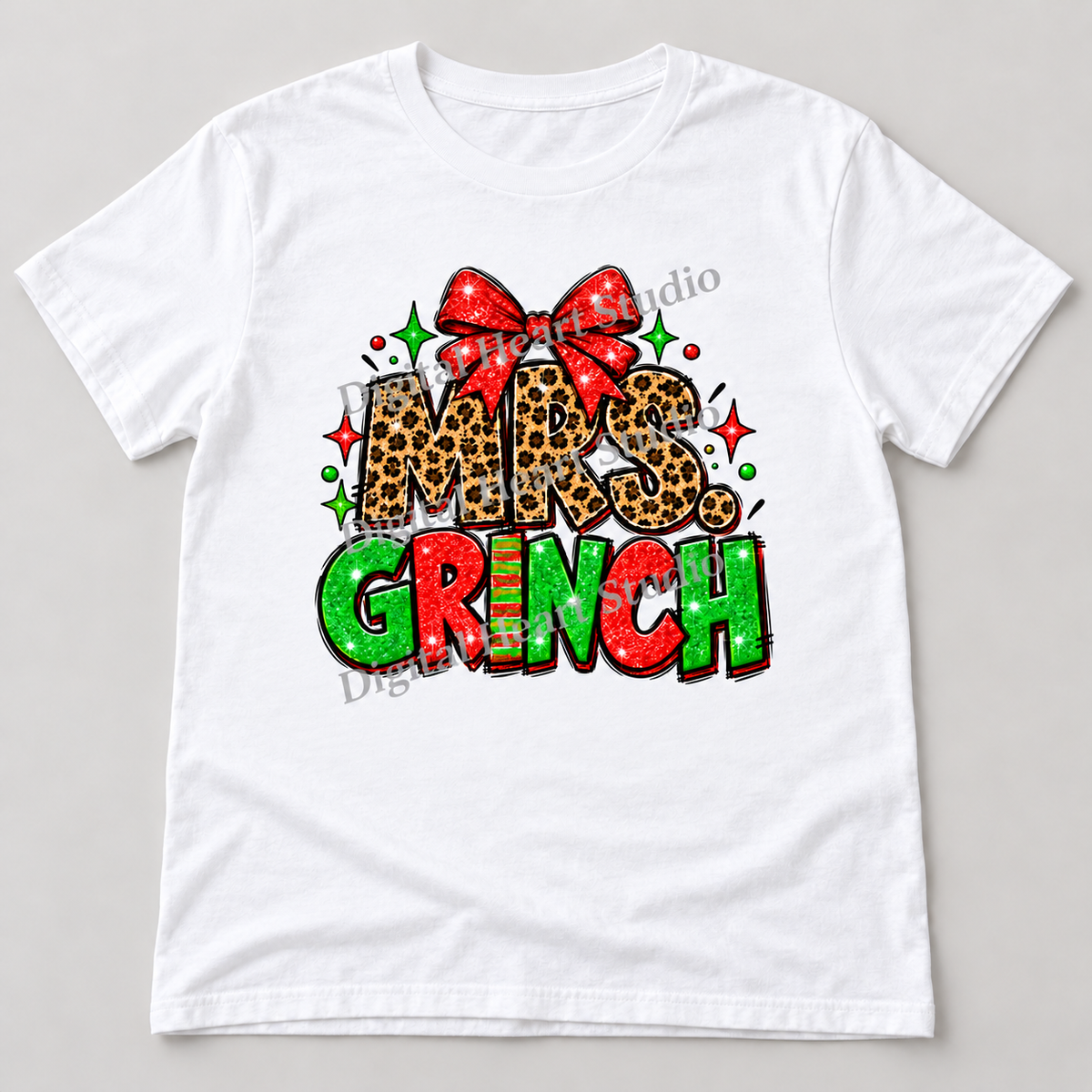 Mrs. Grinch – Leopard Bow White Gildan T-Shirt smaller centered print with faded watermark